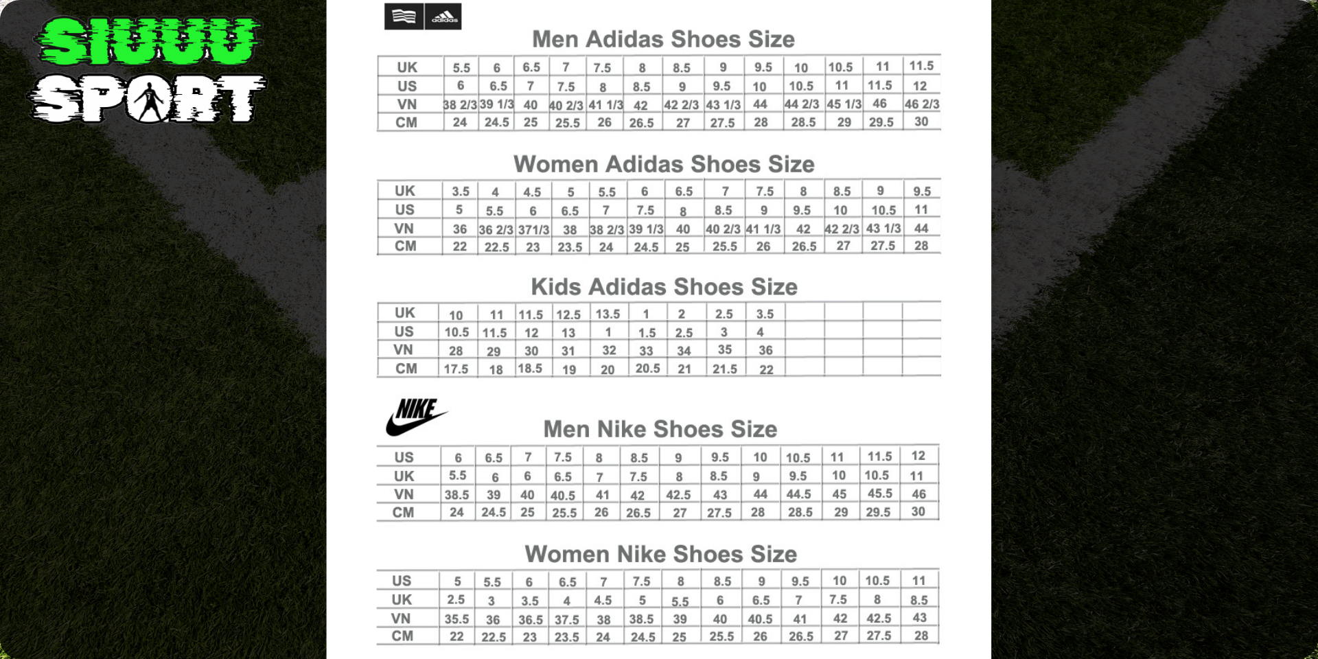 Bảng size chuẩn của Siuuu Sport